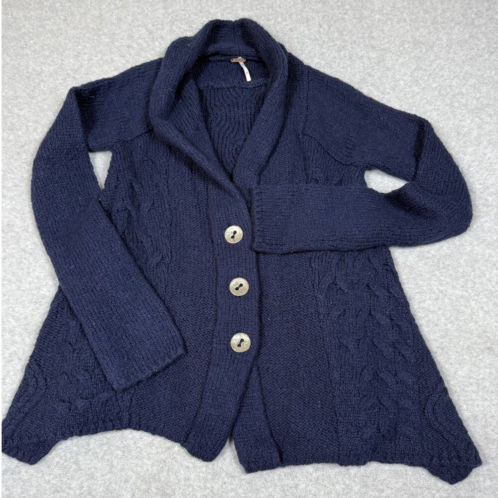 Free People Womens Size S Far Away Cable Knit Cardigan Blue